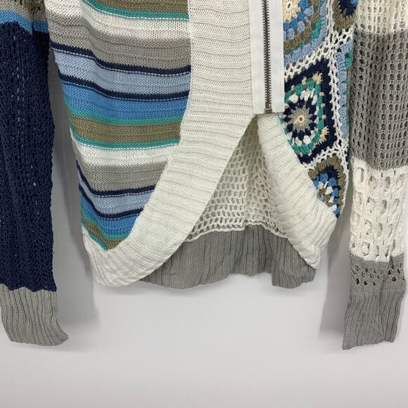 Desigual Cardigan Patchwork White Blue Acrylic Knit Zip Front - Picture 3 of 9